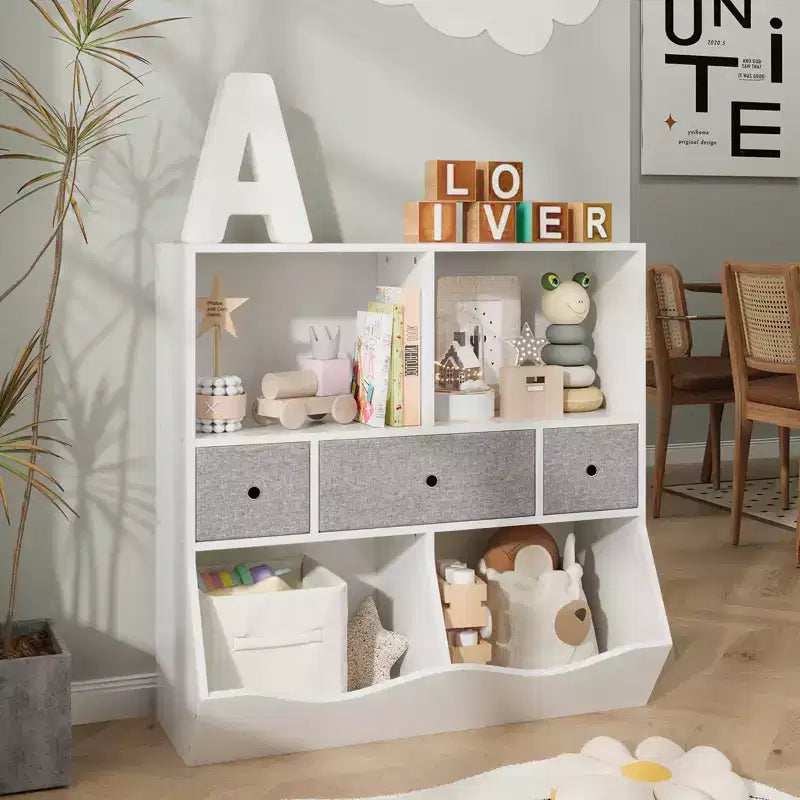 Kids Toy Storage Organizer with 3 Movable Drawers and 5-Section Bookshelf - 3-Tier Large Toy Cabinet for Playroom, Kindergarten, and School