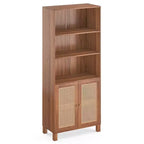 Étagère à 5 niveaux avec portes en rotin Bibliothèque haute blanche Présentoirs pour bureau à domicile et chambre à coucher