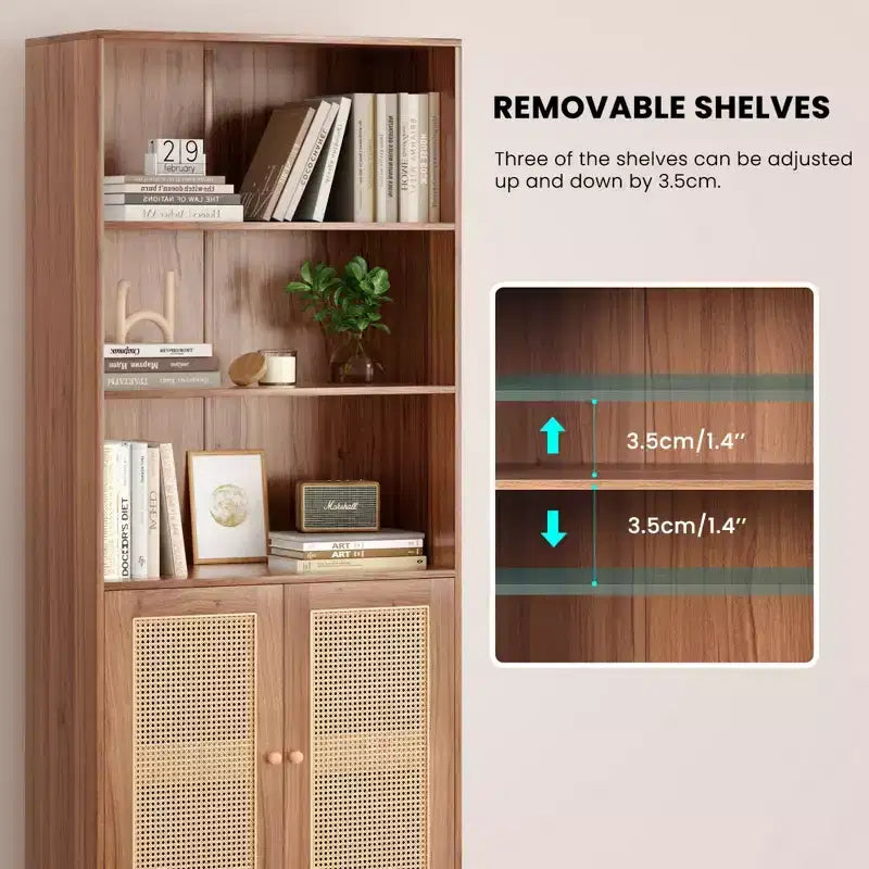 Étagère à 5 niveaux avec portes en rotin Bibliothèque haute blanche Présentoirs pour bureau à domicile et chambre à coucher