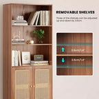 Étagère à 5 niveaux avec portes en rotin Bibliothèque haute blanche Présentoirs pour bureau à domicile et chambre à coucher