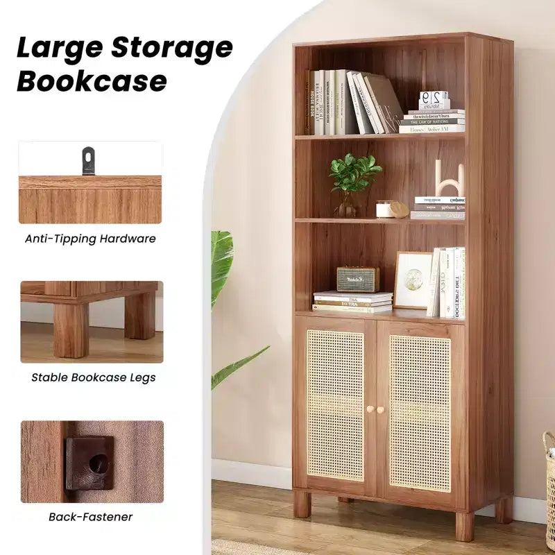 Étagère à 5 niveaux avec portes en rotin Bibliothèque haute blanche Présentoirs pour bureau à domicile et chambre à coucher