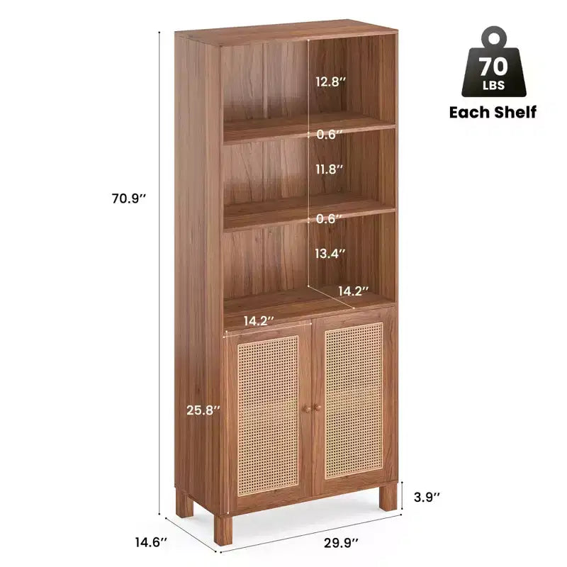 Étagère à 5 niveaux avec portes en rotin Bibliothèque haute blanche Présentoirs pour bureau à domicile et chambre à coucher