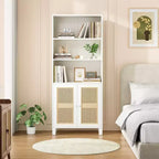 Étagère à 5 niveaux avec portes en rotin Bibliothèque haute blanche Présentoirs pour bureau à domicile et chambre à coucher