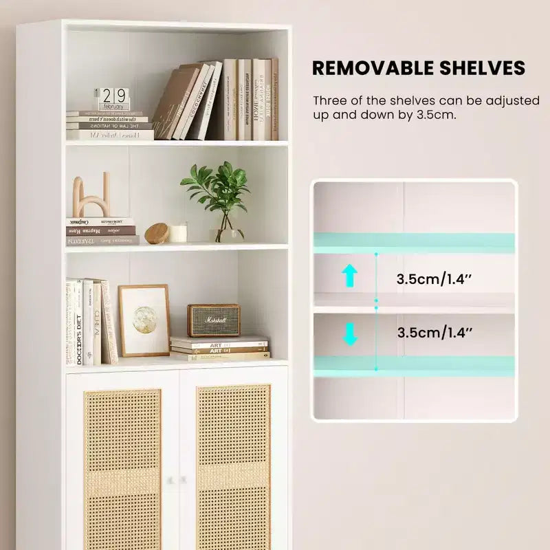 Étagère à 5 niveaux avec portes en rotin Bibliothèque haute blanche Présentoirs pour bureau à domicile et chambre à coucher