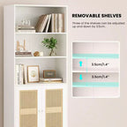 Étagère à 5 niveaux avec portes en rotin Bibliothèque haute blanche Présentoirs pour bureau à domicile et chambre à coucher
