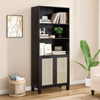 Étagère à 5 niveaux avec portes en rotin Bibliothèque haute blanche Présentoirs pour bureau à domicile et chambre à coucher
