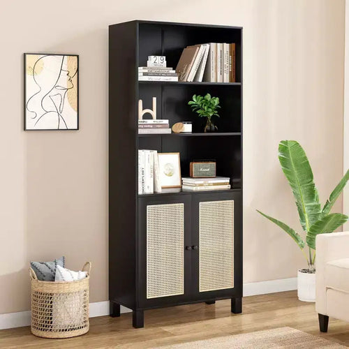 Étagère à 5 niveaux avec portes en rotin Bibliothèque haute blanche Présentoirs pour bureau à domicile et chambre à coucher