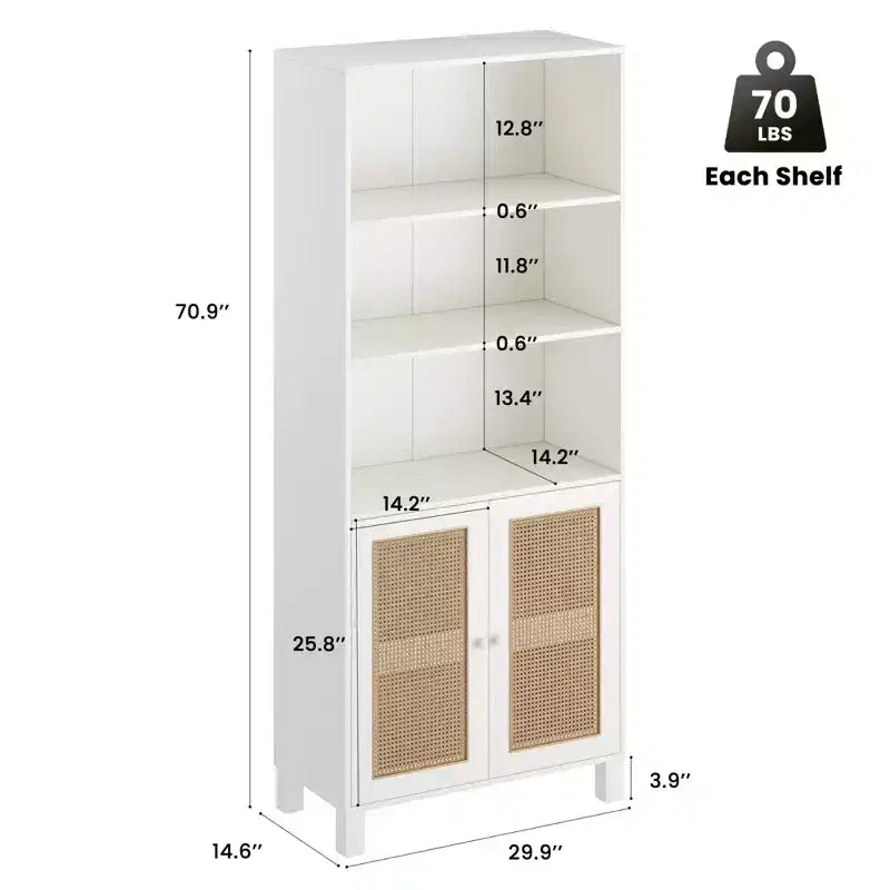 Étagère à 5 niveaux avec portes en rotin Bibliothèque haute blanche Présentoirs pour bureau à domicile et chambre à coucher