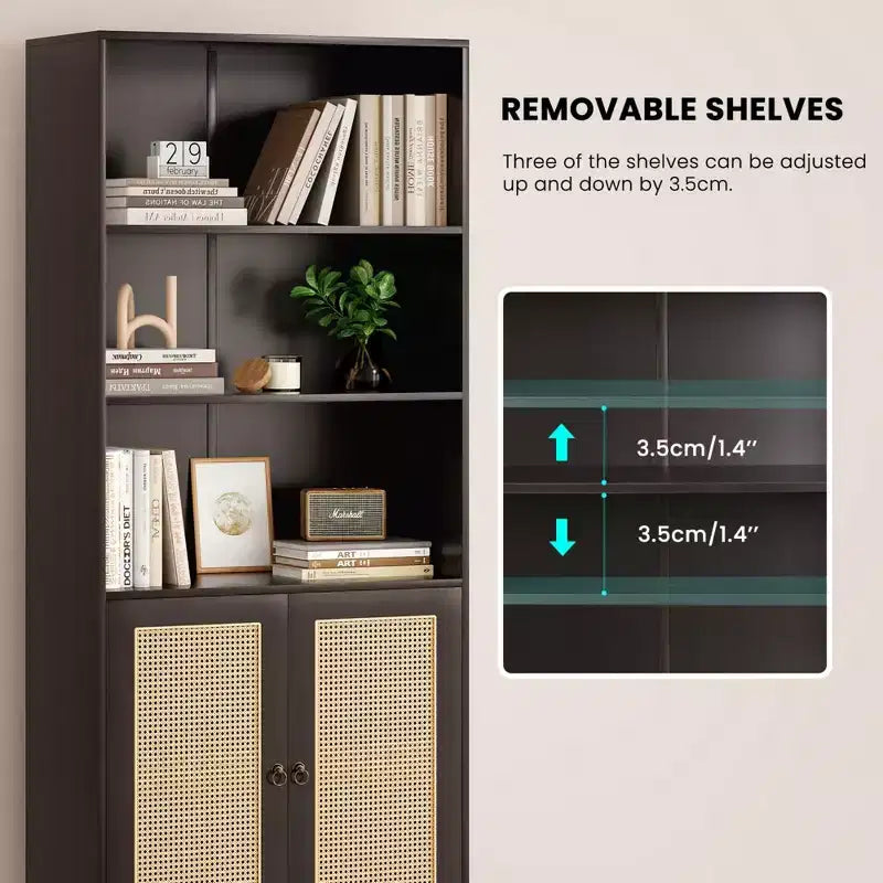 Étagère à 5 niveaux avec portes en rotin Bibliothèque haute blanche Présentoirs pour bureau à domicile et chambre à coucher