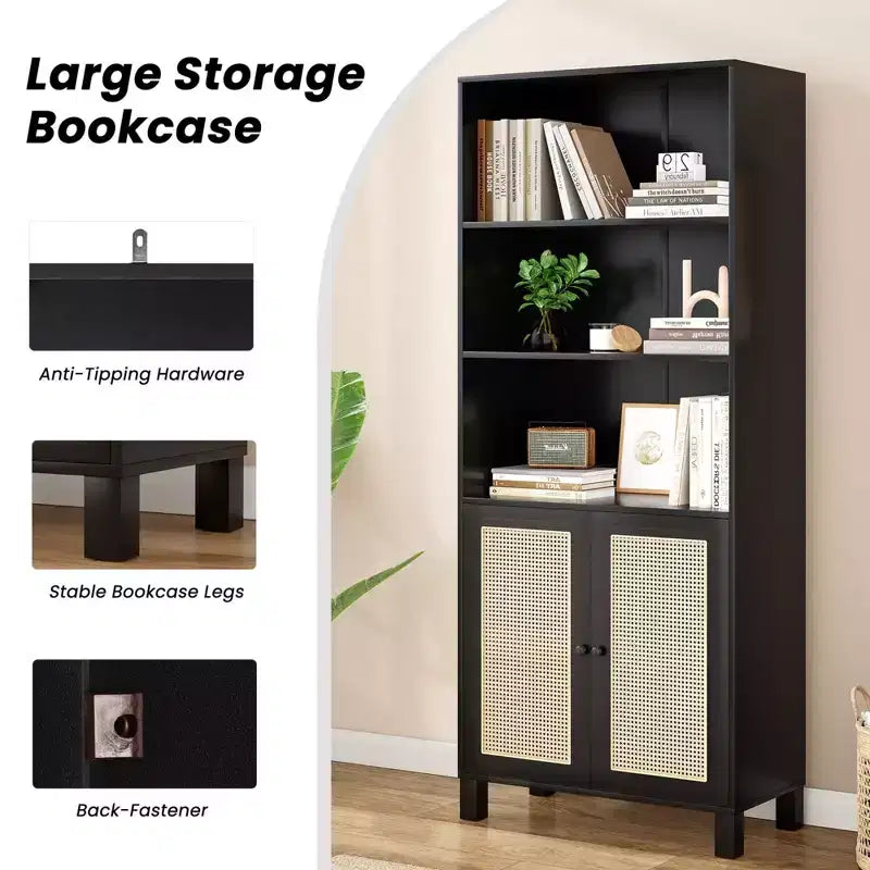 Étagère à 5 niveaux avec portes en rotin Bibliothèque haute blanche Présentoirs pour bureau à domicile et chambre à coucher