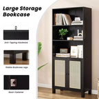 Étagère à 5 niveaux avec portes en rotin Bibliothèque haute blanche Présentoirs pour bureau à domicile et chambre à coucher