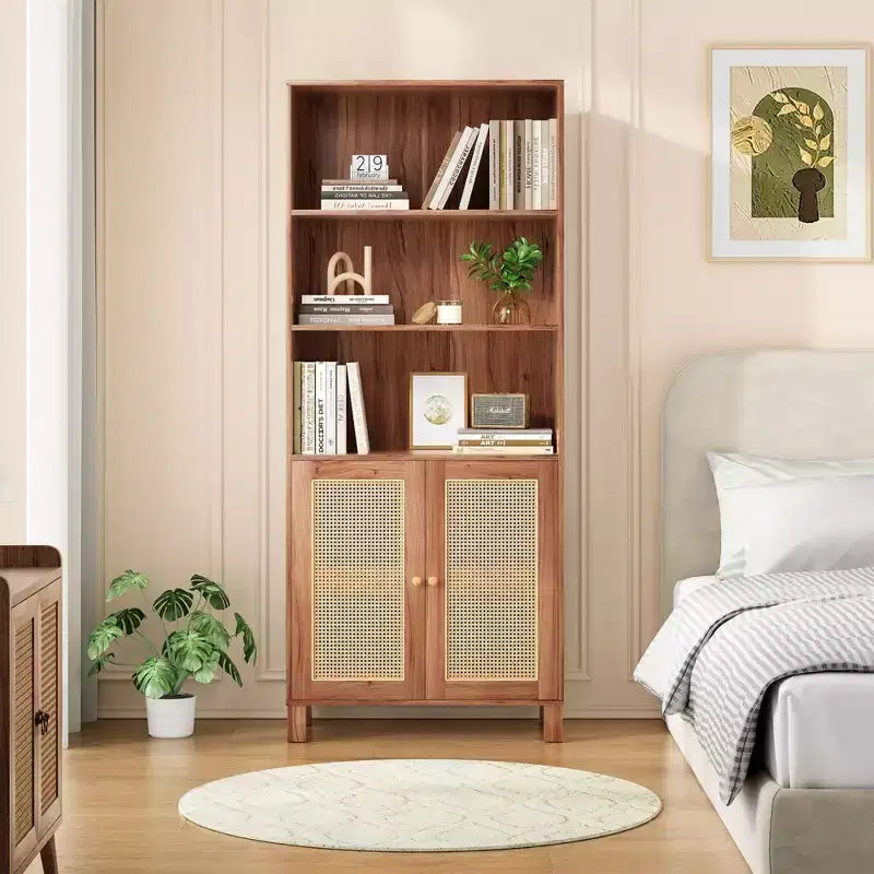Étagère à 5 niveaux avec portes en rotin Bibliothèque haute blanche Présentoirs pour bureau à domicile et chambre à coucher
