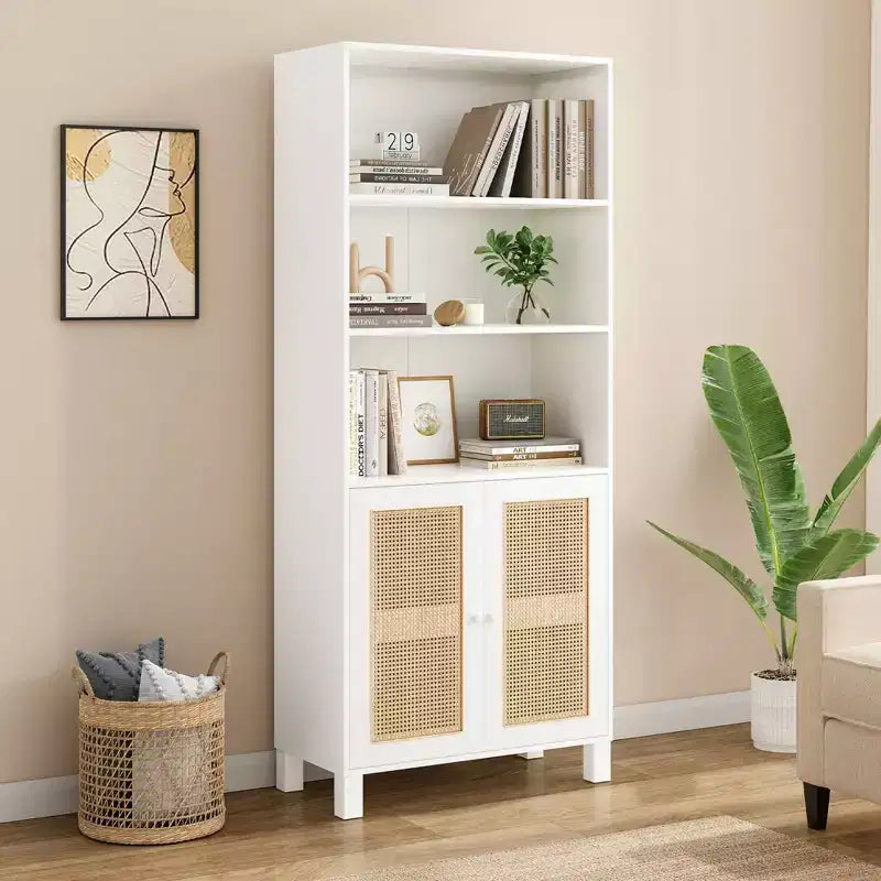 Étagère à 5 niveaux avec portes en rotin Bibliothèque haute blanche Présentoirs pour bureau à domicile et chambre à coucher
