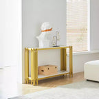 Console moderne dorée avec plateau effet marbre et cadre métallique, solution de 122 cm pour couloir