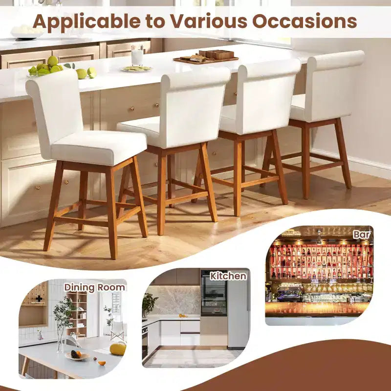 Costway Lot de 2/4 Tabourets de Bar Pivotants de 68,5 cm avec Pieds en Bois d'Hévéa et Revêtement en Lin Beige/Gris