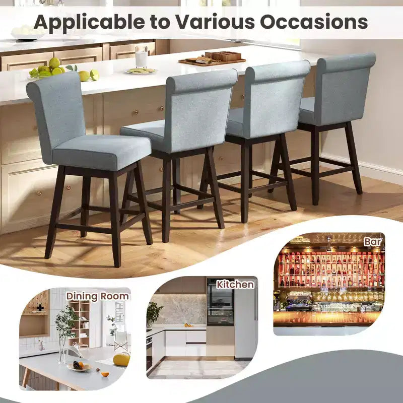 Costway Lot de 2/4 Tabourets de Bar Pivotants de 68,5 cm avec Pieds en Bois d'Hévéa et Revêtement en Lin Beige/Gris