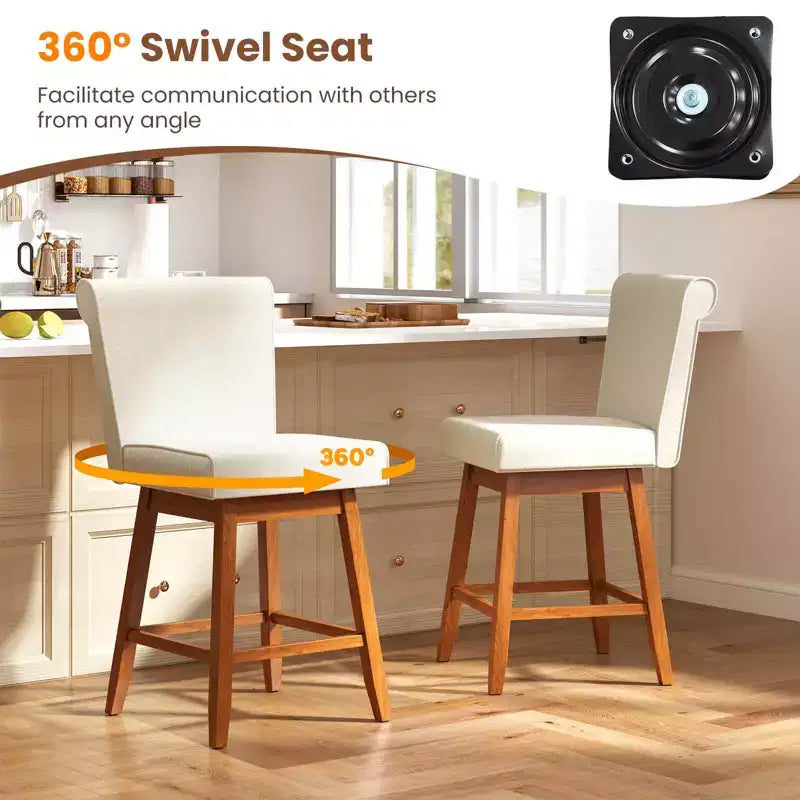 Costway Lot de 2/4 Tabourets de Bar Pivotants de 68,5 cm avec Pieds en Bois d'Hévéa et Revêtement en Lin Beige/Gris