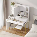 Coiffeuse avec miroir et lumières, Table de maquillage avec tiroirs, étagères ouvertes, armoires, Coiffeuse avec tabouret rembourré pour chambre à coucher