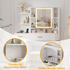 Coiffeuse avec miroir et lumières, Table de maquillage avec tiroirs, étagères ouvertes, armoires, Coiffeuse avec tabouret rembourré pour chambre à coucher