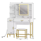 Coiffeuse avec miroir et lumières, Table de maquillage avec tiroirs, étagères ouvertes, armoires, Coiffeuse avec tabouret rembourré pour chambre à coucher