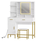 Coiffeuse avec miroir et lumières, Table de maquillage avec tiroirs, étagères ouvertes, armoires, Coiffeuse avec tabouret rembourré pour chambre à coucher