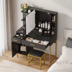 Coiffeuse avec miroir et lumières, Table de maquillage avec tiroirs, étagères ouvertes, armoires, Coiffeuse avec tabouret rembourré pour chambre à coucher