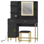 Coiffeuse avec miroir et lumières, Table de maquillage avec tiroirs, étagères ouvertes, armoires, Coiffeuse avec tabouret rembourré pour chambre à coucher