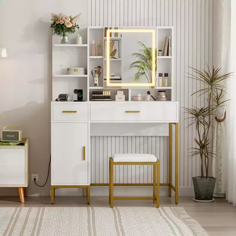 Coiffeuse avec miroir et lumières, Table de maquillage avec tiroirs, étagères ouvertes, armoires, Coiffeuse avec tabouret rembourré pour chambre à coucher