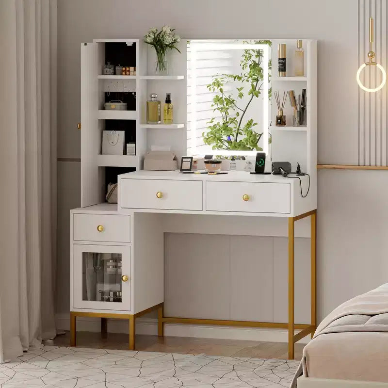 YESFASHION Coiffeuse avec lumières, coiffeuse avec tabouret, table de maquillage moderne, 3 tiroirs, étagères ouvertes pour chambre à coucher