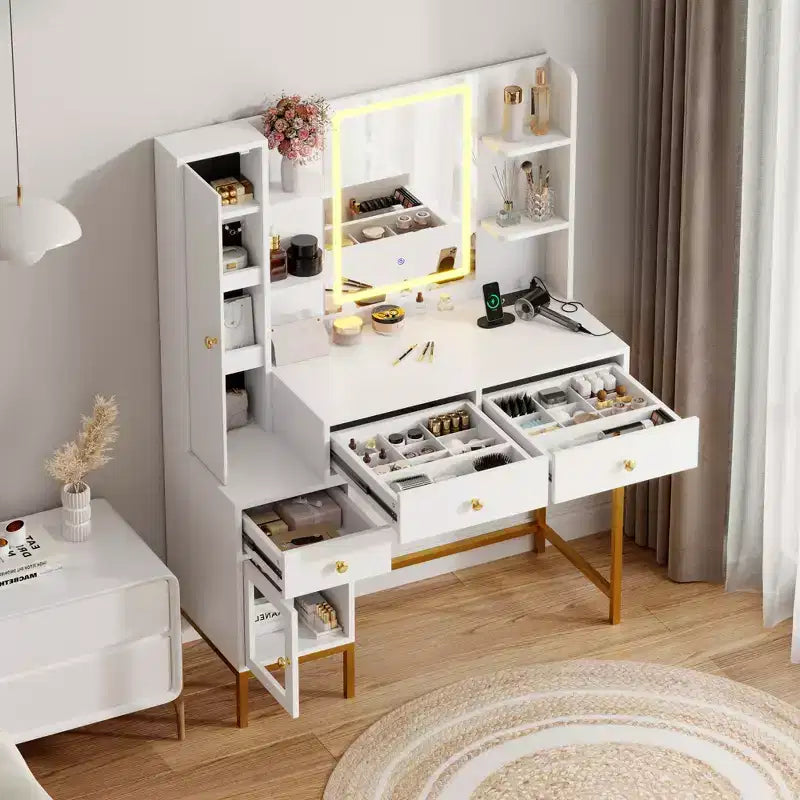 YESFASHION Coiffeuse avec lumières, coiffeuse avec tabouret, table de maquillage moderne, 3 tiroirs, étagères ouvertes pour chambre à coucher