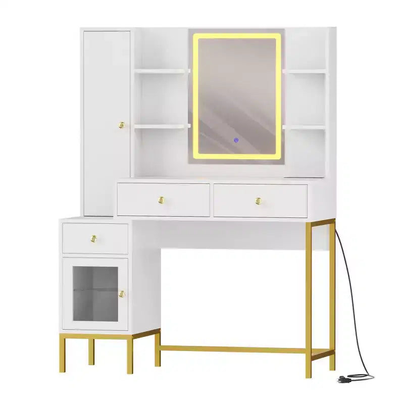 YESFASHION Coiffeuse avec lumières, coiffeuse avec tabouret, table de maquillage moderne, 3 tiroirs, étagères ouvertes pour chambre à coucher