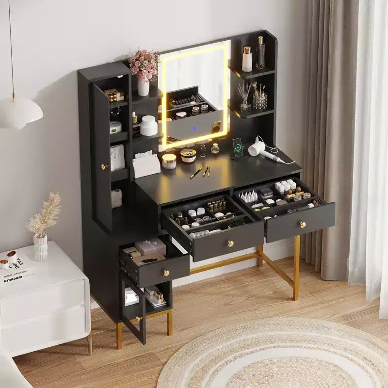 YESFASHION Coiffeuse avec lumières, coiffeuse avec tabouret, table de maquillage moderne, 3 tiroirs, étagères ouvertes pour chambre à coucher