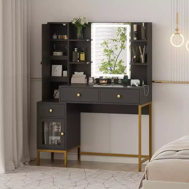 YESFASHION Coiffeuse avec lumières, coiffeuse avec tabouret, table de maquillage moderne, 3 tiroirs, étagères ouvertes pour chambre à coucher