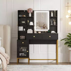 YESFASHION Coiffeuse avec lumières, coiffeuse avec tabouret, table de maquillage moderne, 3 tiroirs, étagères ouvertes pour chambre à coucher