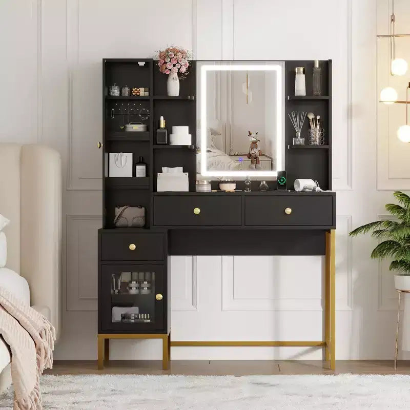YESFASHION Coiffeuse avec lumières, coiffeuse avec tabouret, table de maquillage moderne, 3 tiroirs, étagères ouvertes pour chambre à coucher