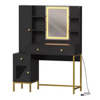 YESFASHION Coiffeuse avec lumières, coiffeuse avec tabouret, table de maquillage moderne, 3 tiroirs, étagères ouvertes pour chambre à coucher