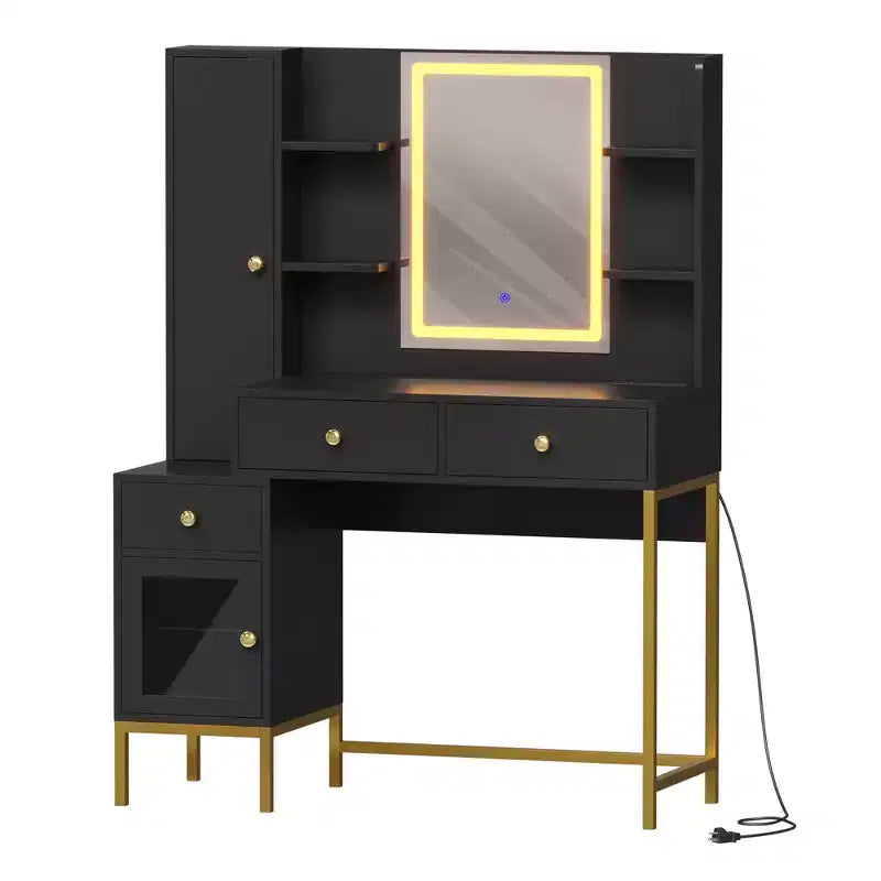 YESFASHION Coiffeuse avec lumières, coiffeuse avec tabouret, table de maquillage moderne, 3 tiroirs, étagères ouvertes pour chambre à coucher