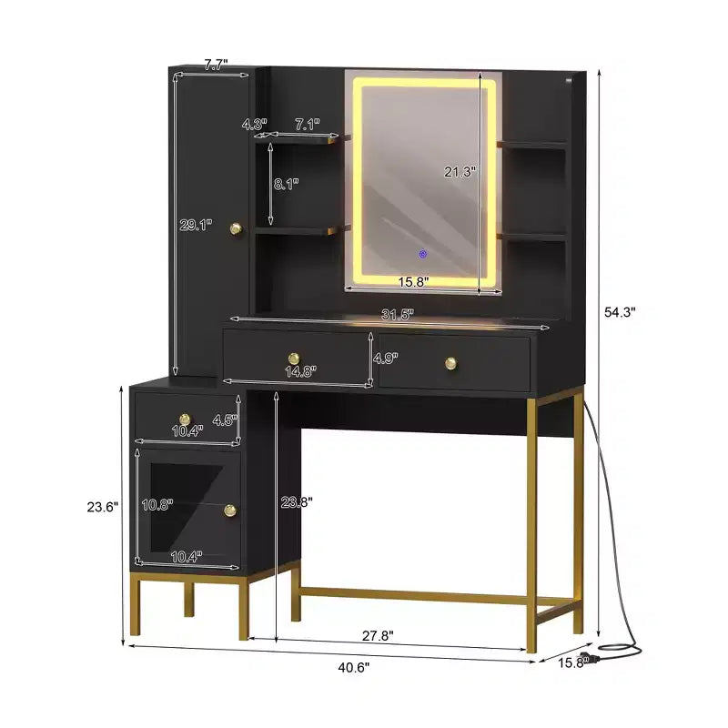 YESFASHION Coiffeuse avec lumières, coiffeuse avec tabouret, table de maquillage moderne, 3 tiroirs, étagères ouvertes pour chambre à coucher
