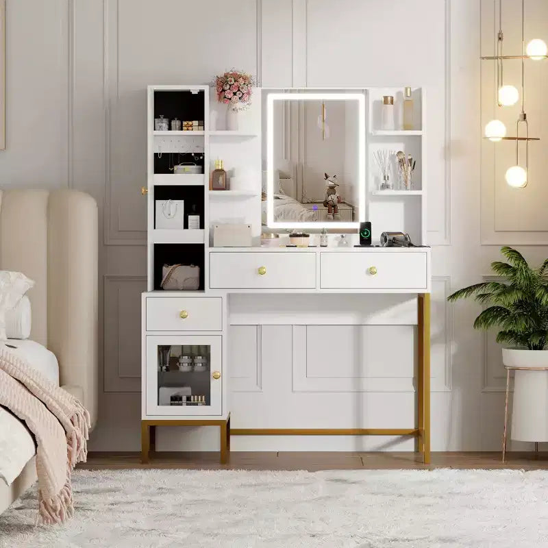 YESFASHION Coiffeuse avec lumières, coiffeuse avec tabouret, table de maquillage moderne, 3 tiroirs, étagères ouvertes pour chambre à coucher