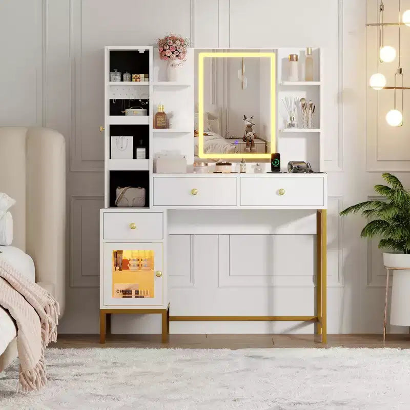 YESFASHION Coiffeuse avec lumières, coiffeuse avec tabouret, table de maquillage moderne, 3 tiroirs, étagères ouvertes pour chambre à coucher