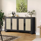 Buffet en rotin de 157 cm, buffet à quatre portes, grand meuble de rangement, table d'appoint de style ferme moderne, pour cuisine, salle à manger