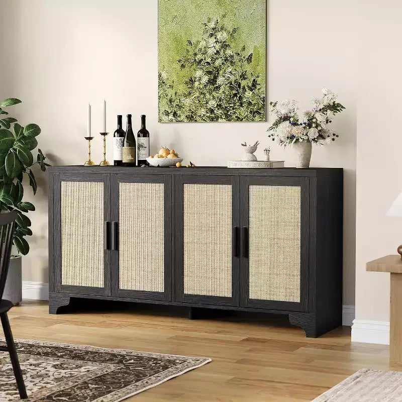 Buffet en rotin de 157 cm, buffet à quatre portes, grand meuble de rangement, table d'appoint de style ferme moderne, pour cuisine, salle à manger