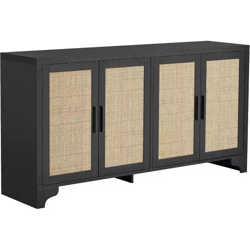 Buffet en rotin de 157 cm, buffet à quatre portes, grand meuble de rangement, table d'appoint de style ferme moderne, pour cuisine, salle à manger