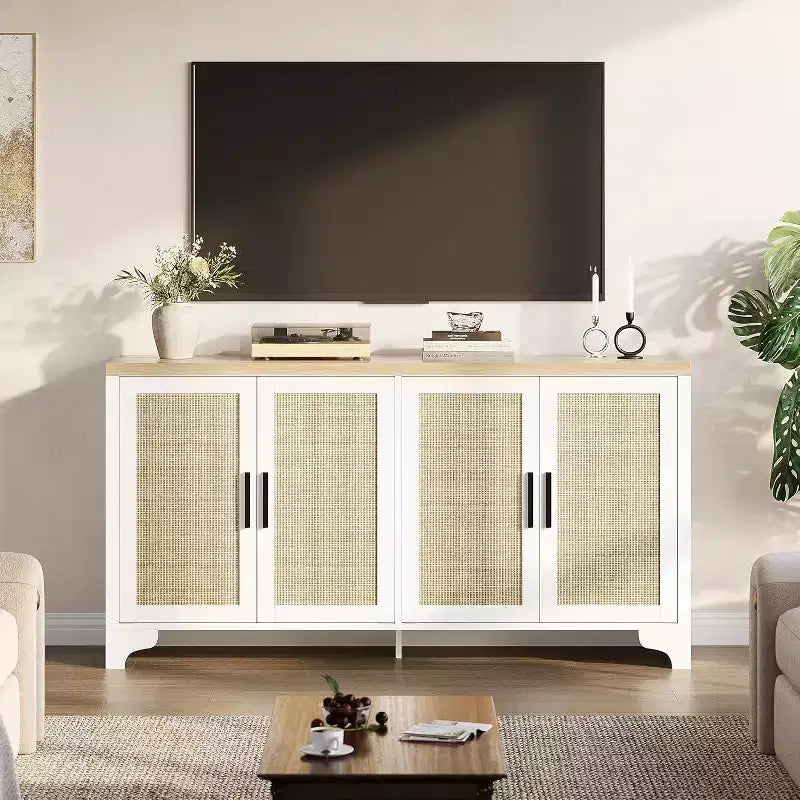 Buffet en rotin de 157 cm, buffet à quatre portes, grand meuble de rangement, table d'appoint de style ferme moderne, pour cuisine, salle à manger