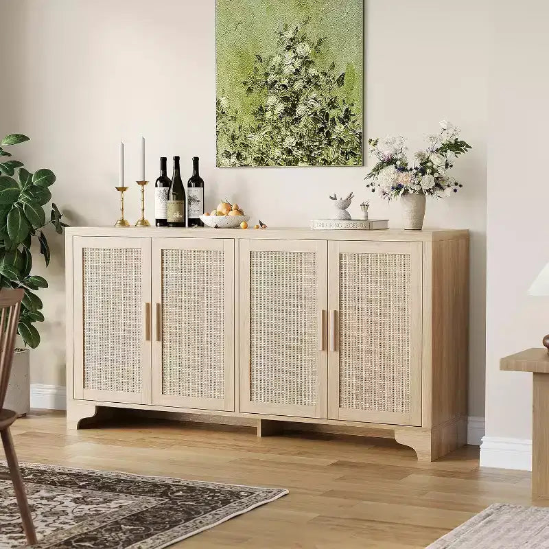 Buffet en rotin de 157 cm, buffet à quatre portes, grand meuble de rangement, table d'appoint de style ferme moderne, pour cuisine, salle à manger