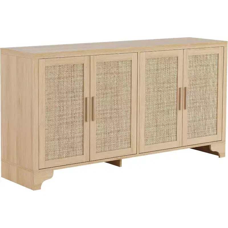Buffet en rotin de 157 cm, buffet à quatre portes, grand meuble de rangement, table d'appoint de style ferme moderne, pour cuisine, salle à manger