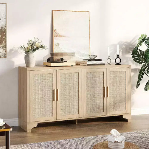 62 Inch Rattan Sideboard Buffet Cabinet, Four-Door Sideboard, Large Storage Cabinet, Modern Farmhouse Accent Table, for Kitchen, Dining Room