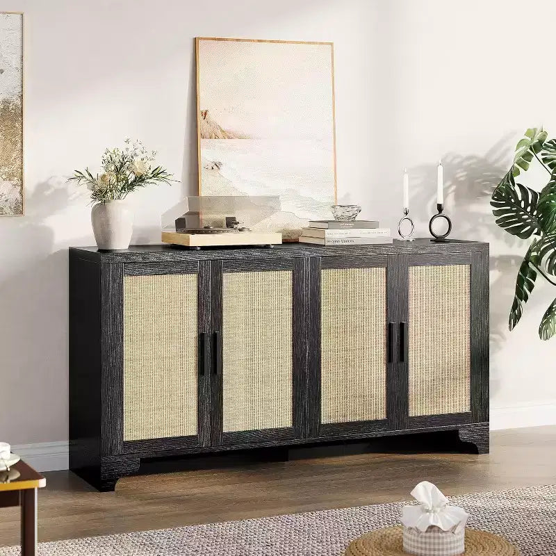 Buffet en rotin de 157 cm, buffet à quatre portes, grand meuble de rangement, table d'appoint de style ferme moderne, pour cuisine, salle à manger