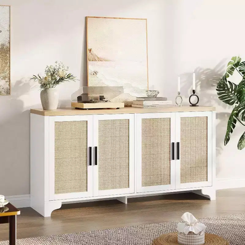 Buffet en rotin de 157 cm, buffet à quatre portes, grand meuble de rangement, table d'appoint de style ferme moderne, pour cuisine, salle à manger