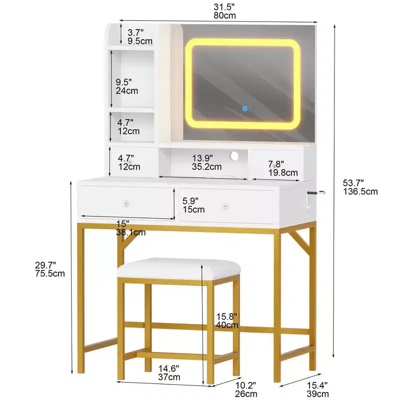 Coiffeuse et tabouret avec miroir, coiffeuse moderne avec station de charge, ensemble coiffeuse à 3 éclairages pour chambre, studio de maquillage